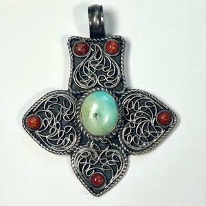 Vintage Sterling Silver Pendant Semi Precious Stone Turquoise Coral Filigree 925